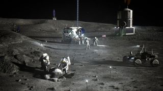 an illustration of various astronauts, rovers and buildings on the moon